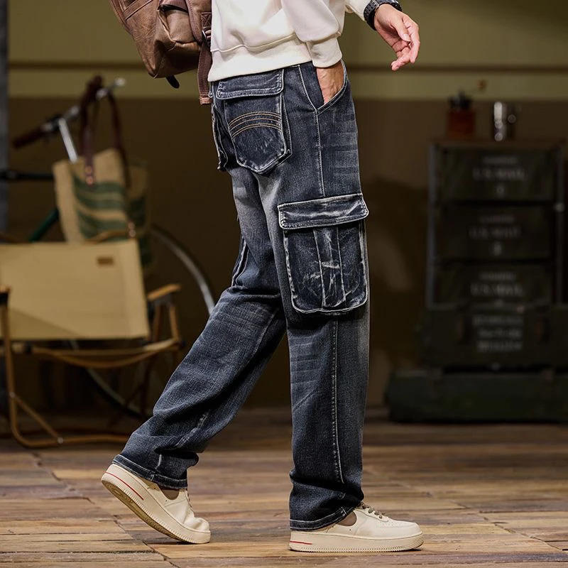 High Street Trendy Multi Pocket Denim Pants Men American Vintage Jeans Oversized Loose Fat Straight Trouser Cargo Pant Versatile 250624