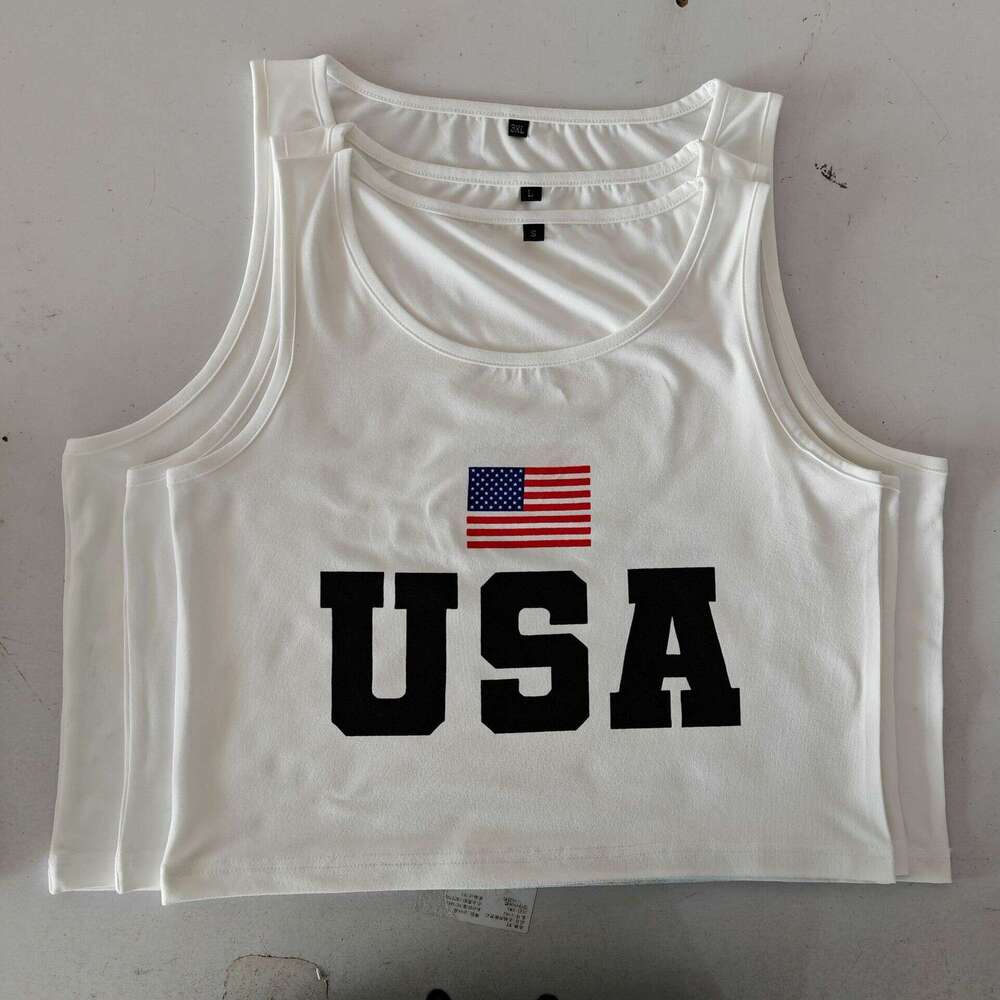 American Style Striped Star Flag USA Print Crew Neck Short Sleeve T-Shirt For Women Versatile Slim Fit Waist-Revealing Crop Top B5