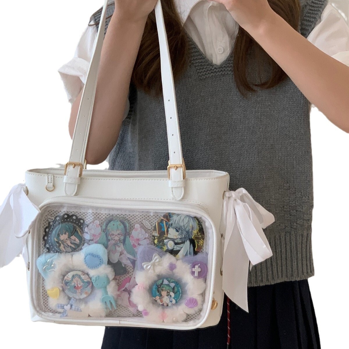 Free shipping designer Style Original Anime Female Bag with Raw Silk Ribbon Transparent Pain Bag for Going Out Shopping Casual Versatile Shoulder Bag 