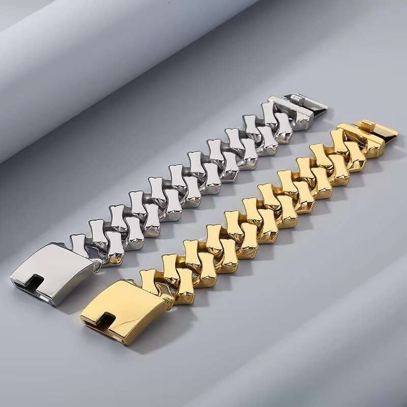 In Stock Diamond Shape 32MM Smooth Heavy Luxury Gold Plated Cuban Chain Link Necklace Bracelet Jewelry Set for Men