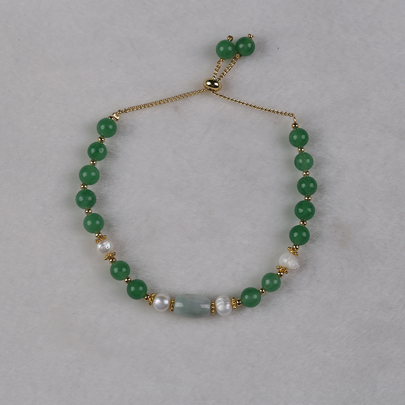 Handcrafted Adjustable Chain Bracelet Featuring Pure Freshwater Pearls and Jade Beads