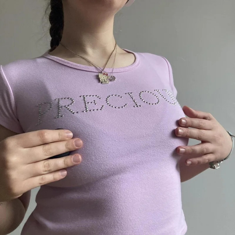Vintage RhinestoneLetter Pink T-shirt Short Sleeve T-Shirts Y2k sweet Style Crop Tops 2000s Tops Aesthetics Womens Tees Casual 250617