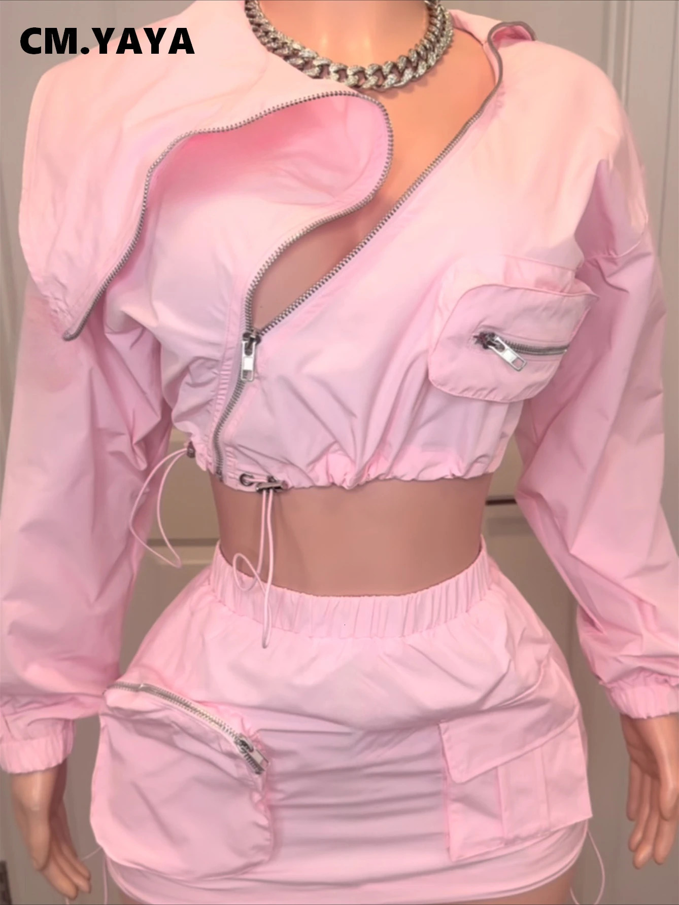 CMYAYA Fashion Safari Style Womens Set Long Sleeve Zipper Fly Tops and Cargo Midi Mini Skirts Suit 2025 Two 2Piece Sets Outfit 250614