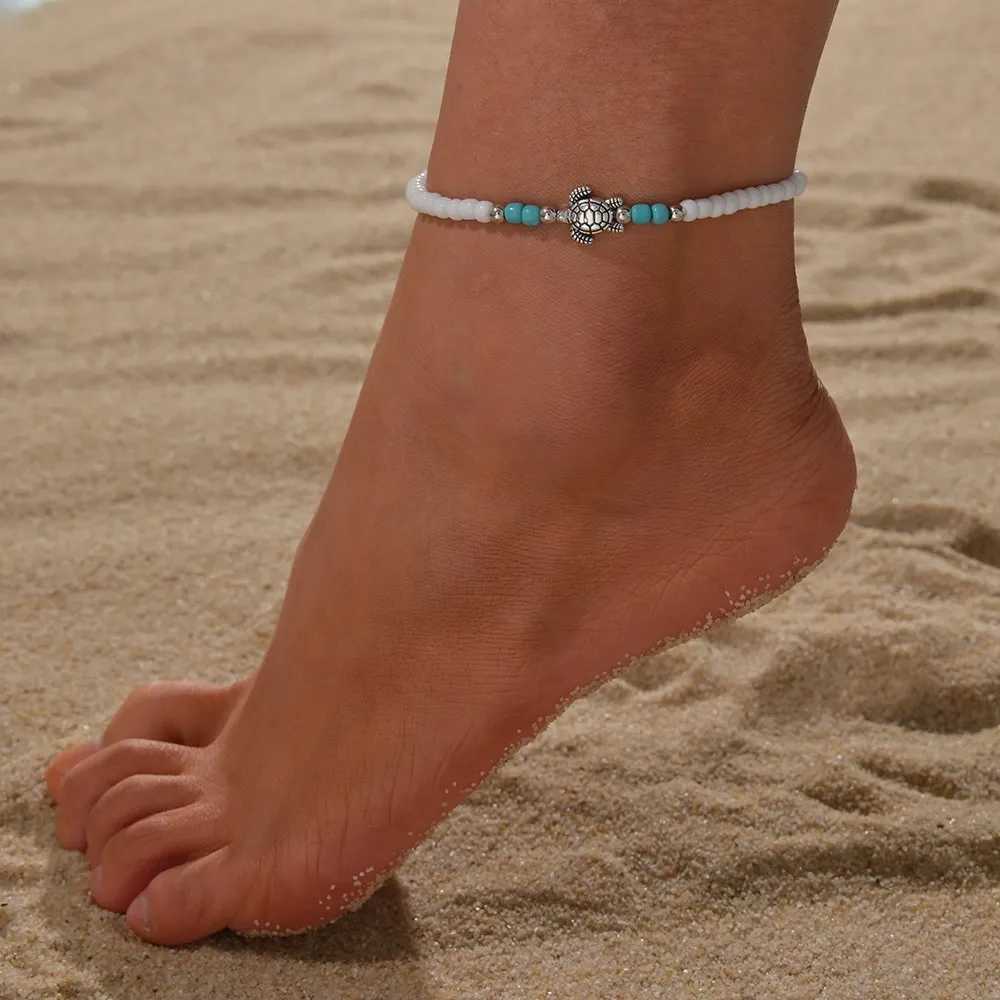Cute Sea Turtle Rainbow Beaded Anklets For Women Elastic Rope Chains Adjustable Ankle Bracelet Beach Jewelry Summer Accessories U250624