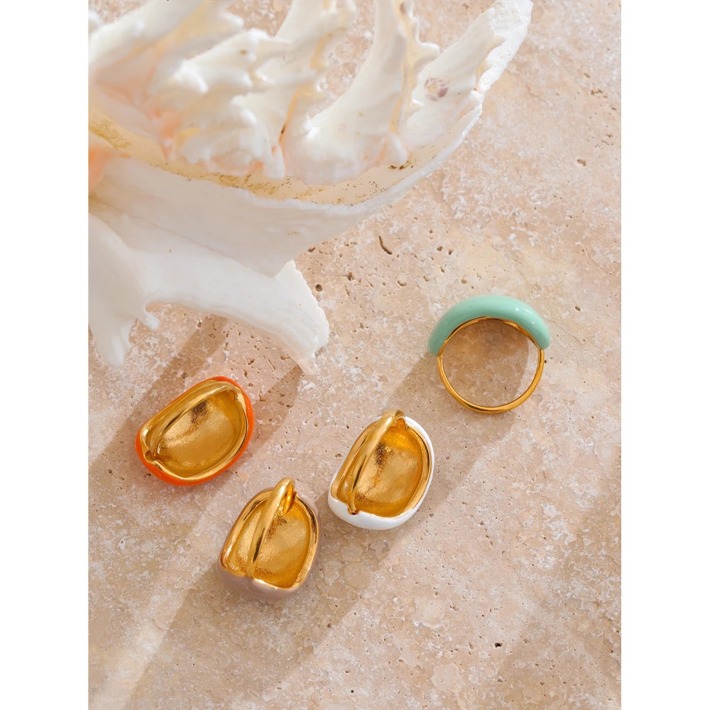 Yhpup Stainless Steel Fashion Joyful Candy Multi-Color Khaki Orange Blue White Enamel Ring Waterproof Adjustable Charm Jewelry 250624