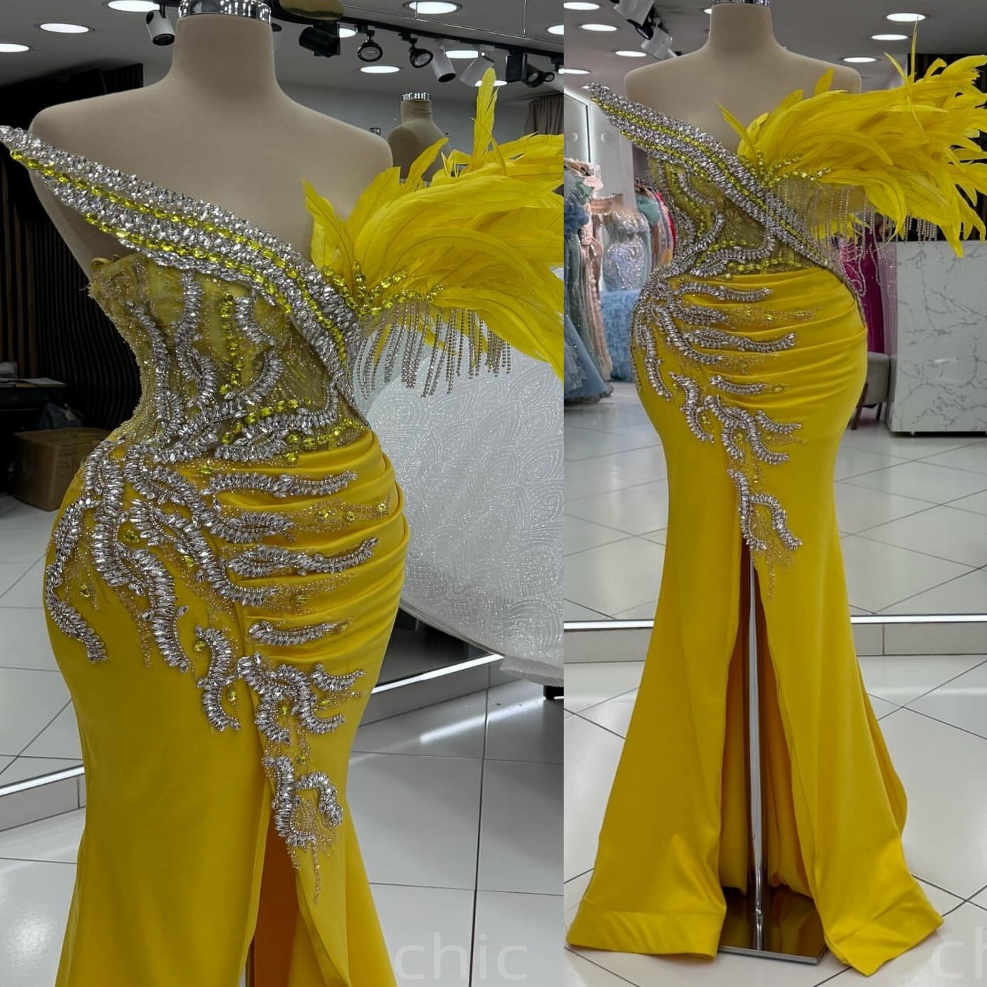 Yellow Mermaid Prom Dresses 2025 Rhinestones Feather Tassels Satin Evening Formal Party Second Birthday Engagement Gowns Plus Size Dress For Special O