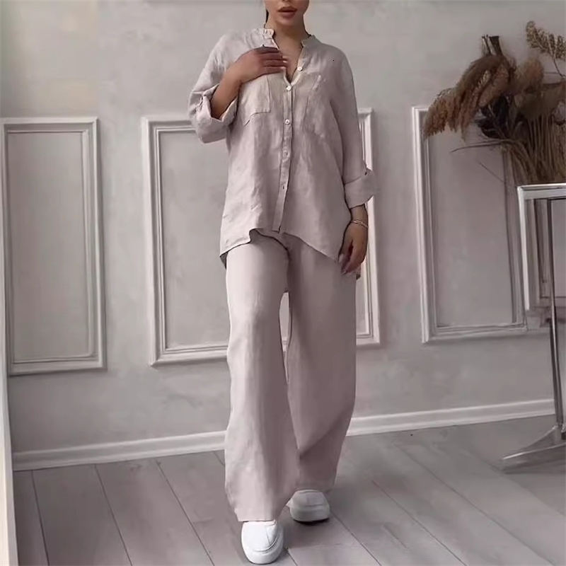 Women Plus Size Two Pieces Set Drawstring Straight Elastic Waist and Long Sleeve Button Shirt Top Matching Set Linen Cotton Set y250609