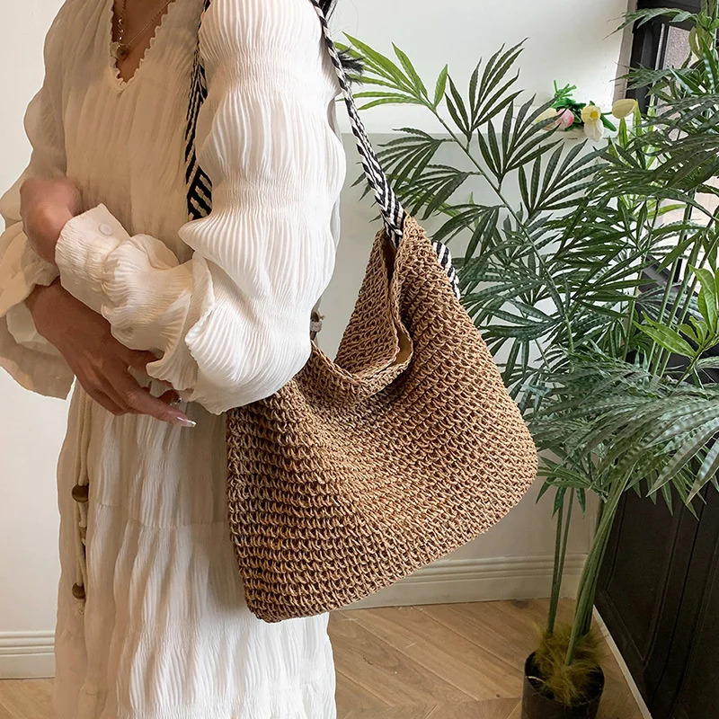 Straw Woven Beach Bag Fashion Large Capacity Knot Shoulder Straps Single Tote Travel 250624