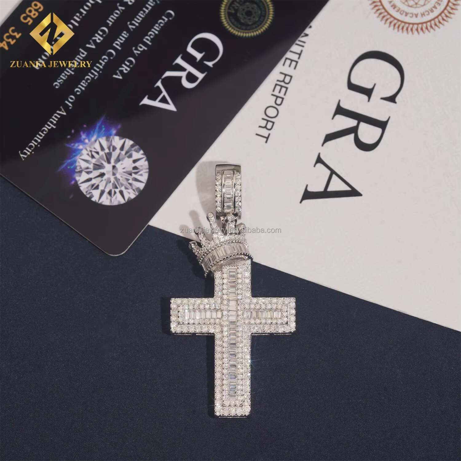 Pass Diamond Tester Man GRA Certificate Iced Out Hip Hop Jewelry 925 Silver Baguette Moissanite Diamond Crown Bail Cross Pendant