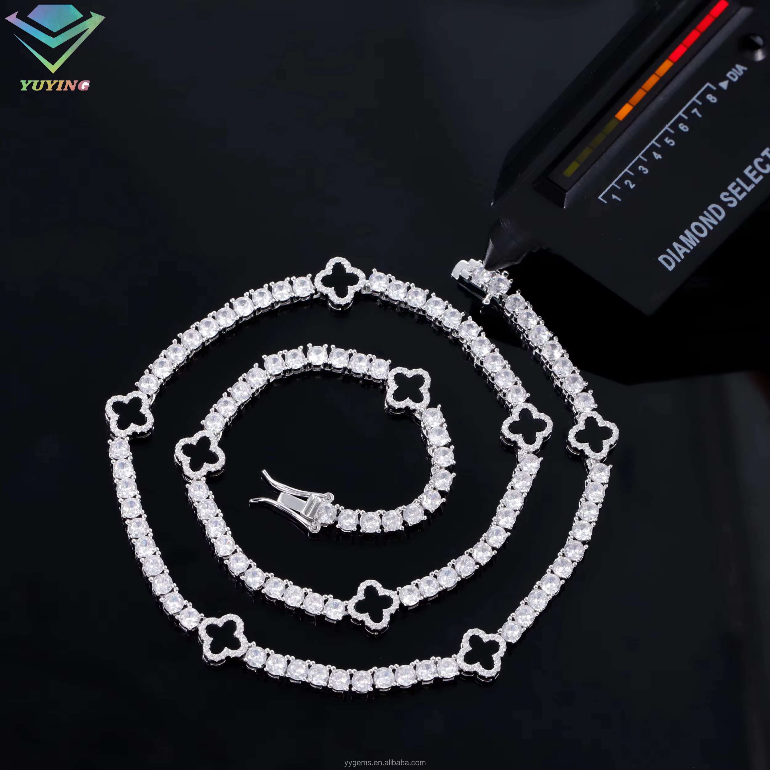 Accept Customized Natural Clover Black Agate White Gold Plated Tennis Chain Necklace Moissanite Silver Chains Jewelry Necklace