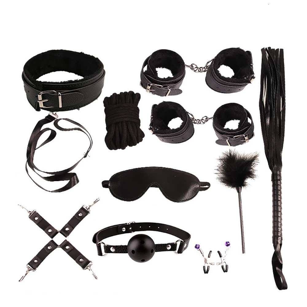 BDSM Bondage Restraint Kit 10 Pieces Leather Handcuffs Ankle Cuffs Collar Whip Ball Gag Blindfold Nipple Clamps Rope for Couples 250624