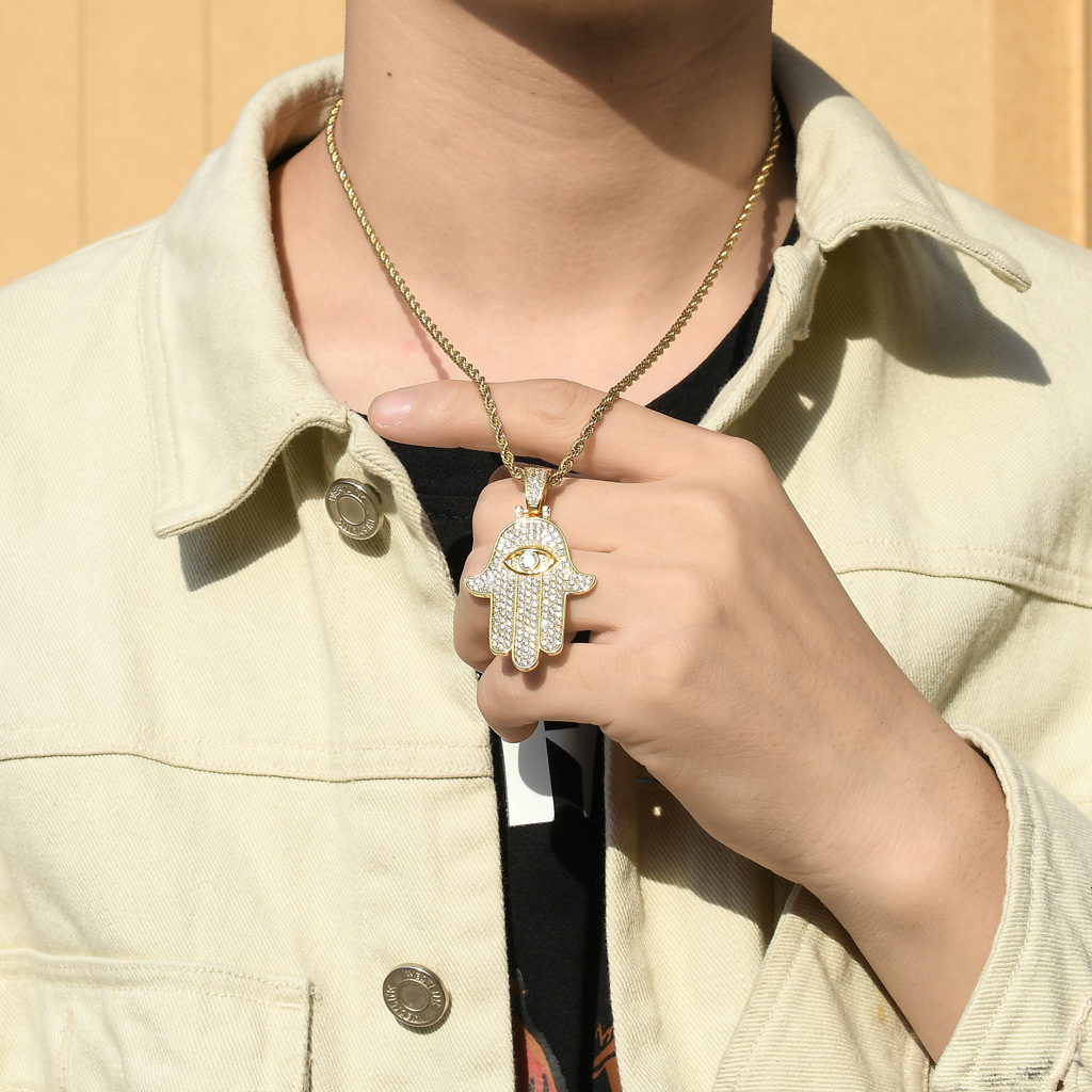 Luxury Moissanite 3D Hamsa Hand Iced Out Bling Palm Eye Hip Hop Trendy Versatile Accessory Pass the diamond tester