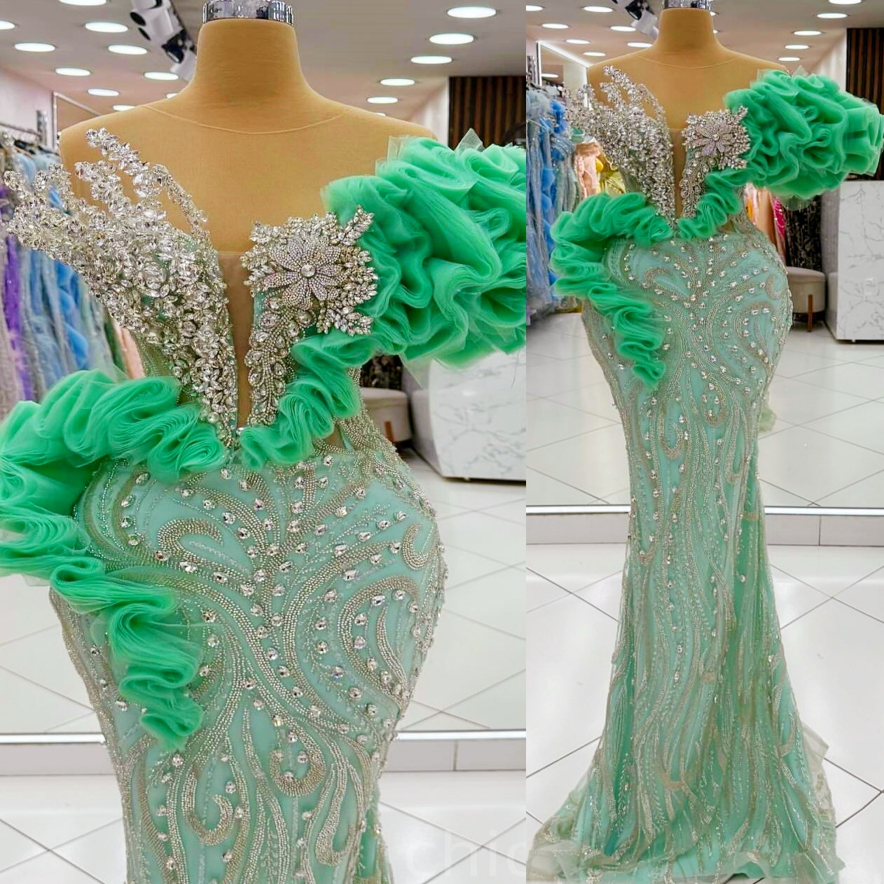 Green Mermaid Prom Dresses 2025 Rhinestones Ruffles Sequined Sparkly Evening Formal Party Second Birthday Engagement Gowns Plus Size Dress For Special