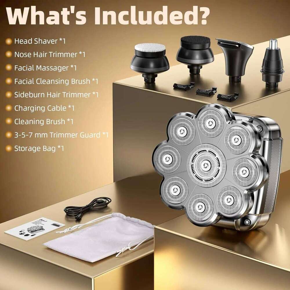 9D Shavers For Bald Men 5 In 1 Detachable Head With LED Display Ipx7 Waterproof Wet Dry Rechargeable Electric Shaver