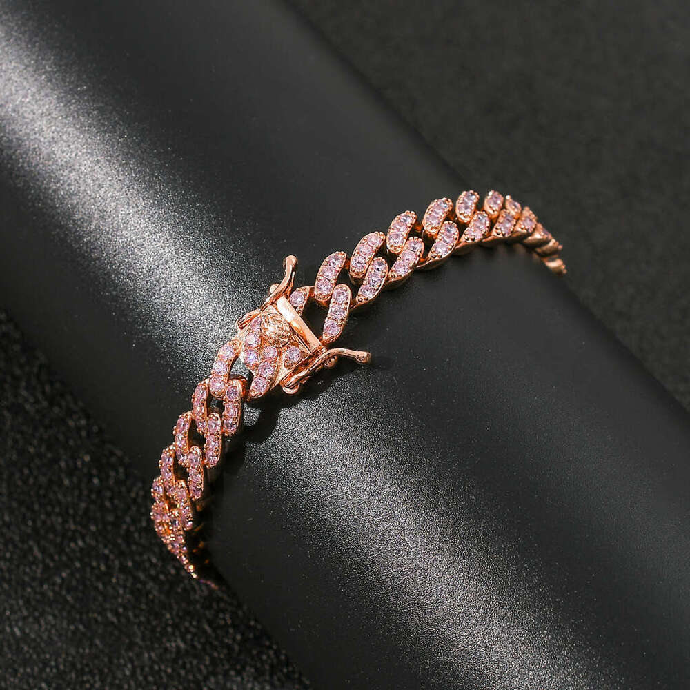 9mm Single Row Pink Zircon Cuban Chain Unisex Hip Hop Bracelet 6224