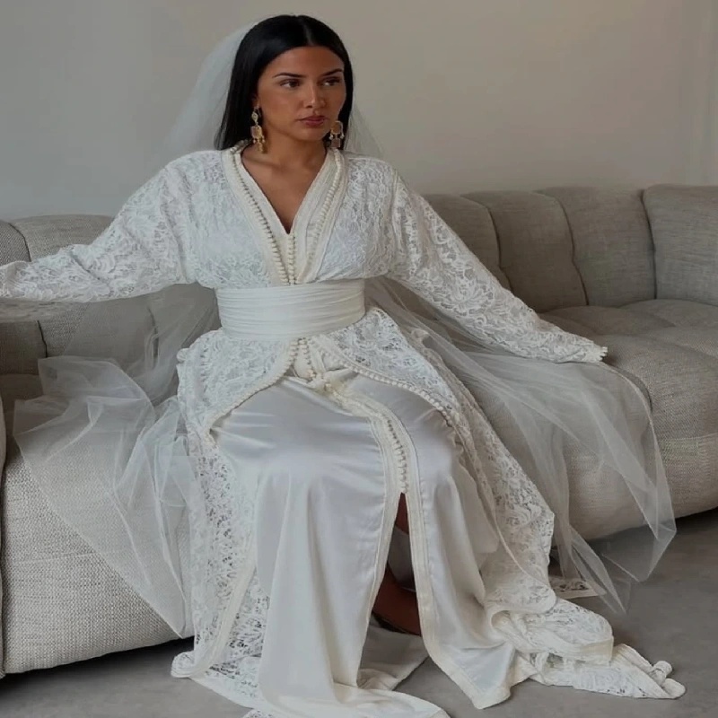 Takchita Moroccan Kaftan Evening Dress Lace Long Sleeve Turkish Prom Dresses 2025 Elegant Formal Occasion Birthday Vestio De Novias Dubai Robe De Mari