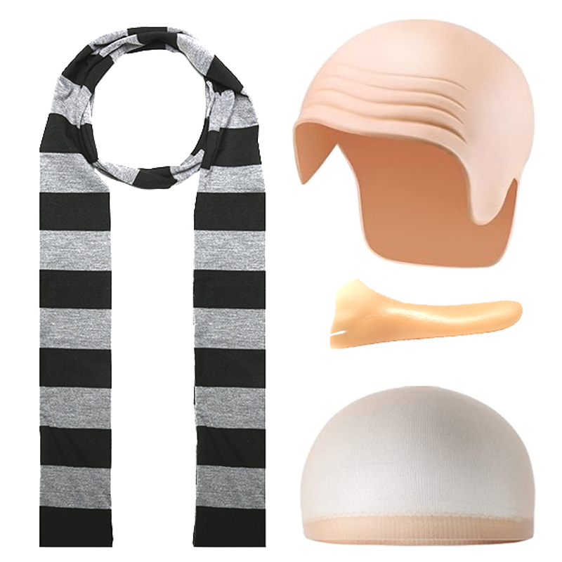 Scalp Long Nose Black Striped Scarf with Hairnet 4-Piece Set for Celebrating Halloween, Christmas, Holiday Shows, Role Play Parties, Little Yellow Man