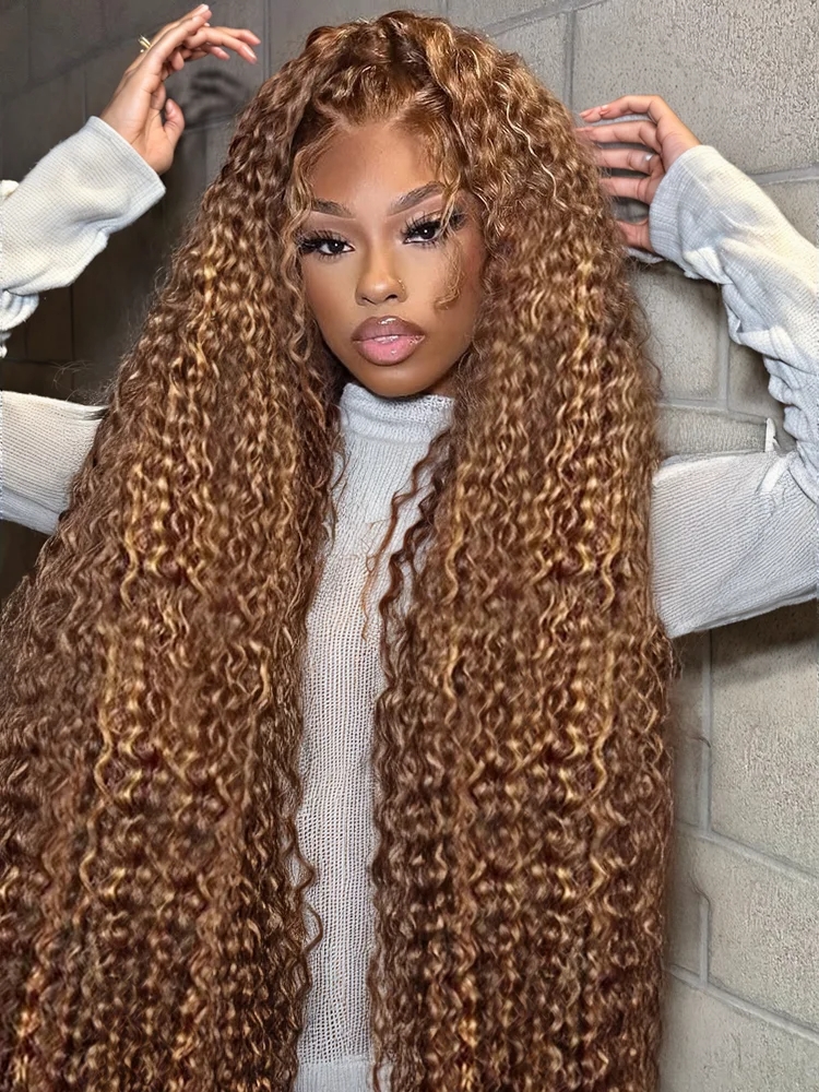 30 34 Inch Highlight Ombre HD Lace Frontal Wig Water Curly Human Hair Wigs 250 Density 13x4 Deep Wave Color Lace Front Wig Synthetic