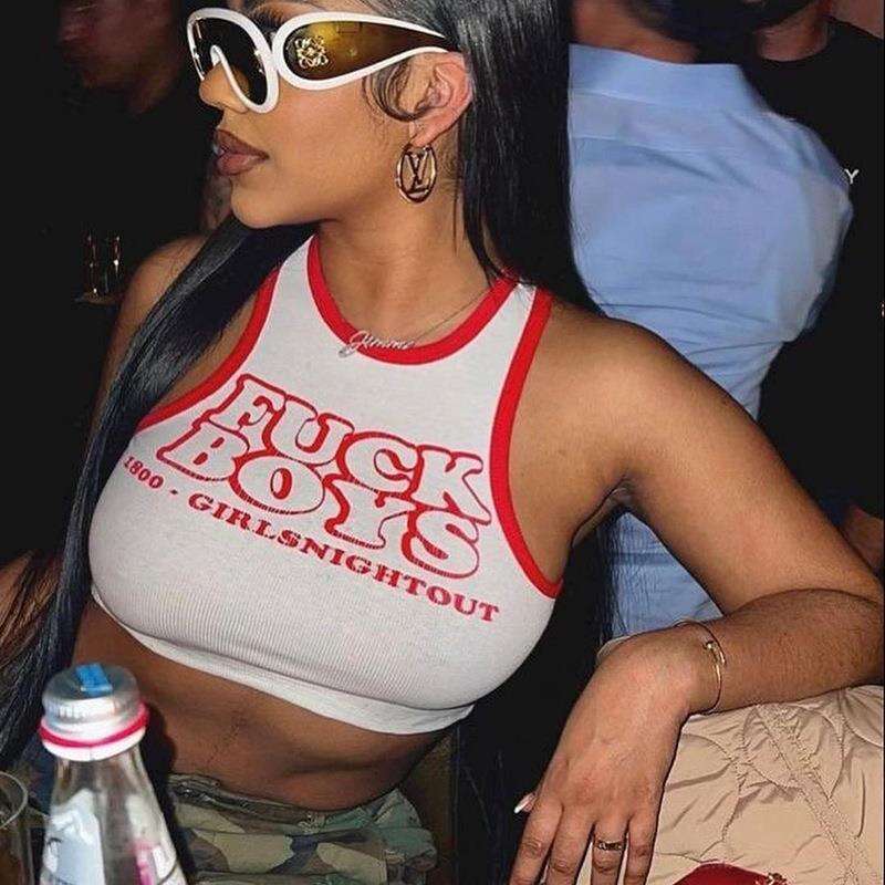 Knitted Color-Block Letter Print Short Tank American Style Summer Versatile Top For Women B5