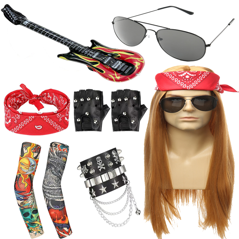 Men's and women's long straight hair 70's 80's heavy metal rock wig disco punk wig red yellow hip-hop trend role-playing cosplay