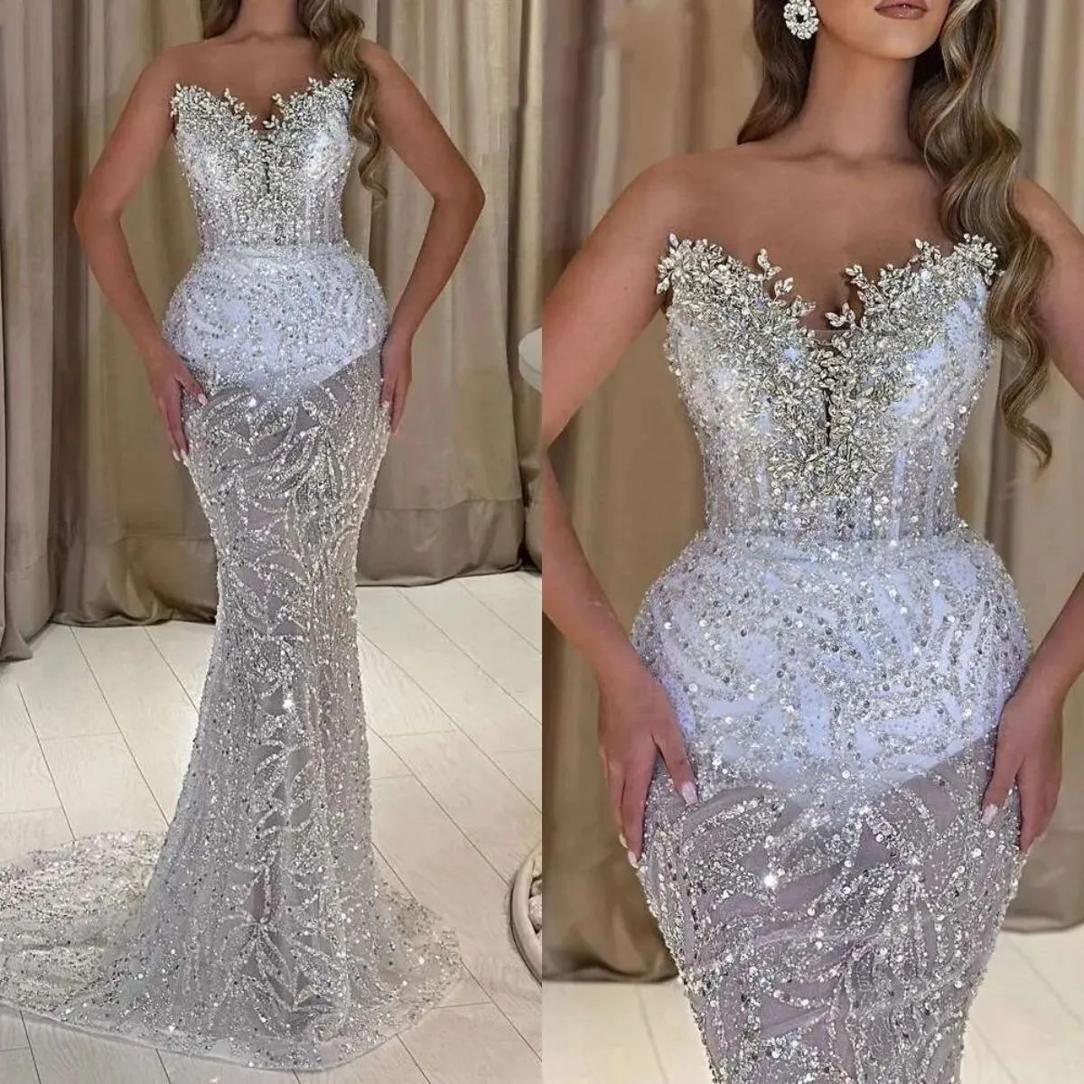 Gorgeous Strapless Sleeveless Mermaid Evening Dresses Crystal Party Gown Sequins Lace Sweep Train Prom Dress Customized