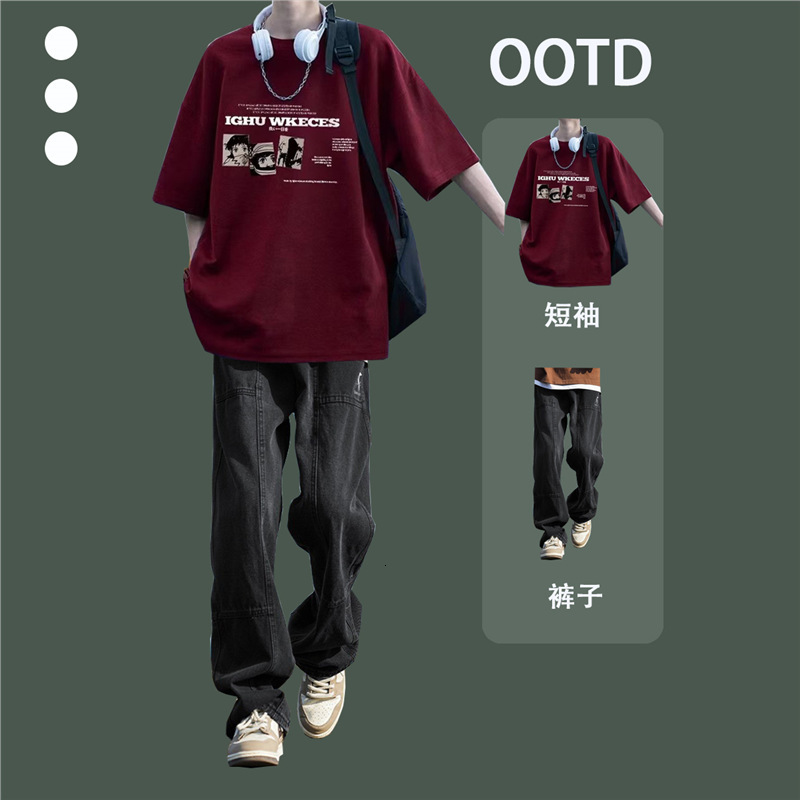 Summer Burgundy Heavy Short Sleeve Men's Youth Short Sleeve Long Pants Stylish European and American Three-Piece Set Men's Fashion Suit