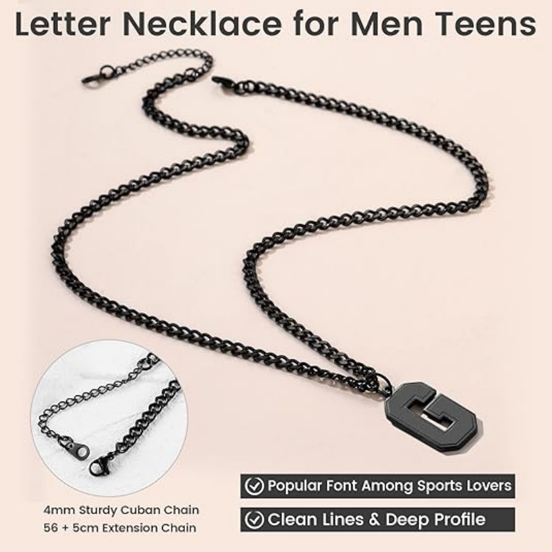 GoldChic Men Initial letter Necklace, Stainless Steel Large Initials Necklace for Sports Men Athletes, Alphabet Pendant with 4mm Cuban Chain