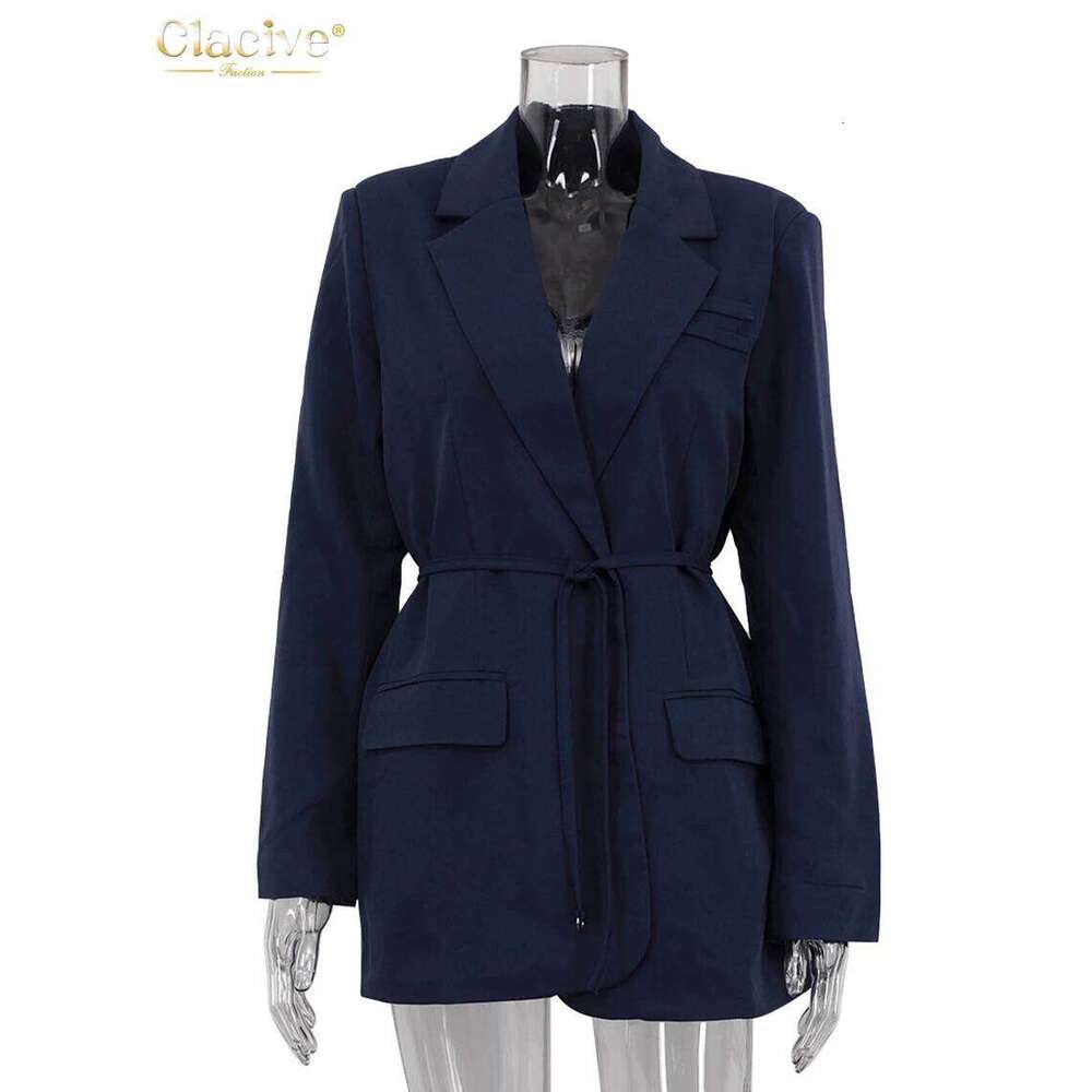 Clacive Fashion Loose Blue Office Women Blazer 2025 Elegant Lapel Long Sleeve Blazers Casual Classic Lace-Up Top Female Clothing