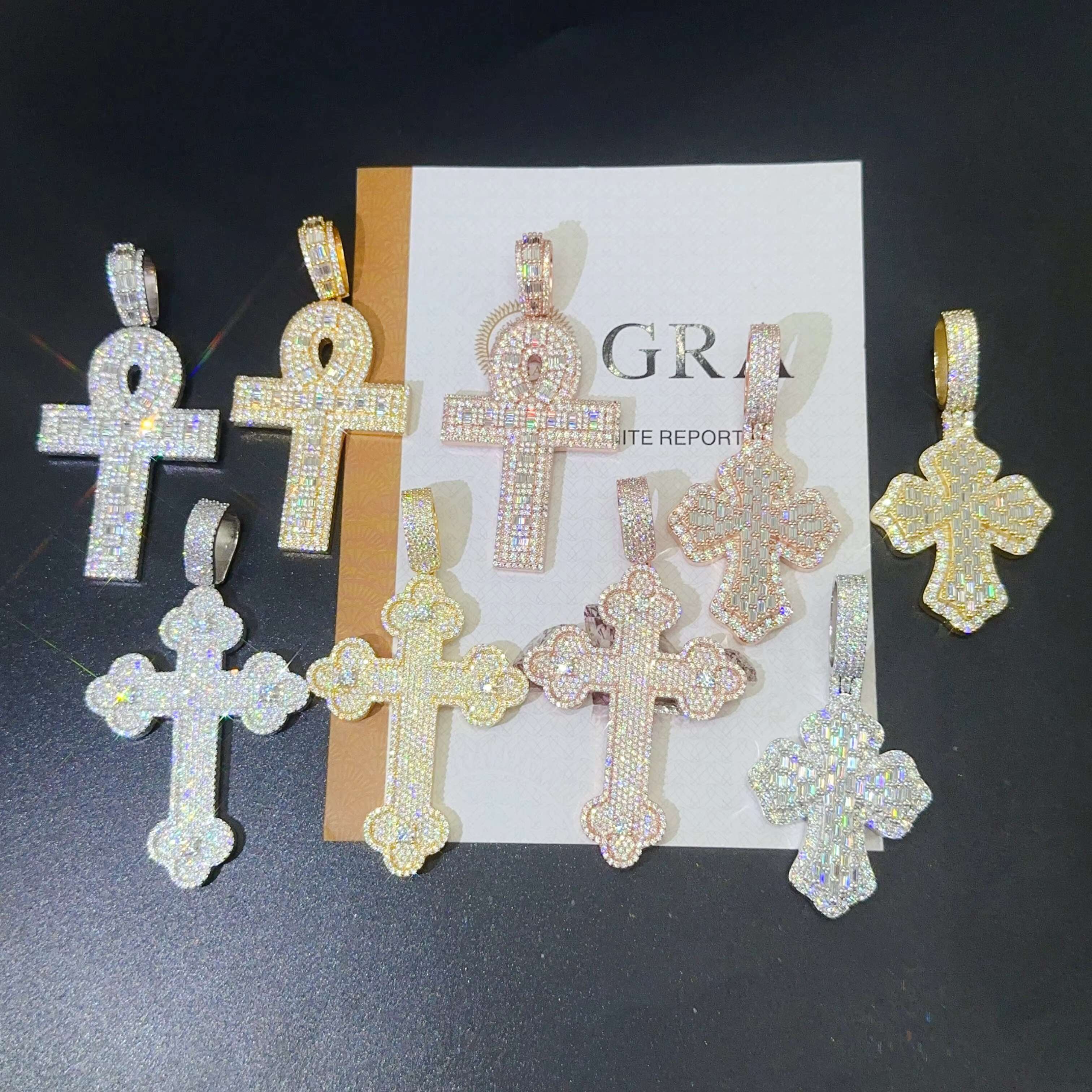 Drop Shipping Iced Out Solid Gold Plated Cross Pendants 925 Sterling Silver Moissanite Diamond Hip Hop Cross Pendants and Chains