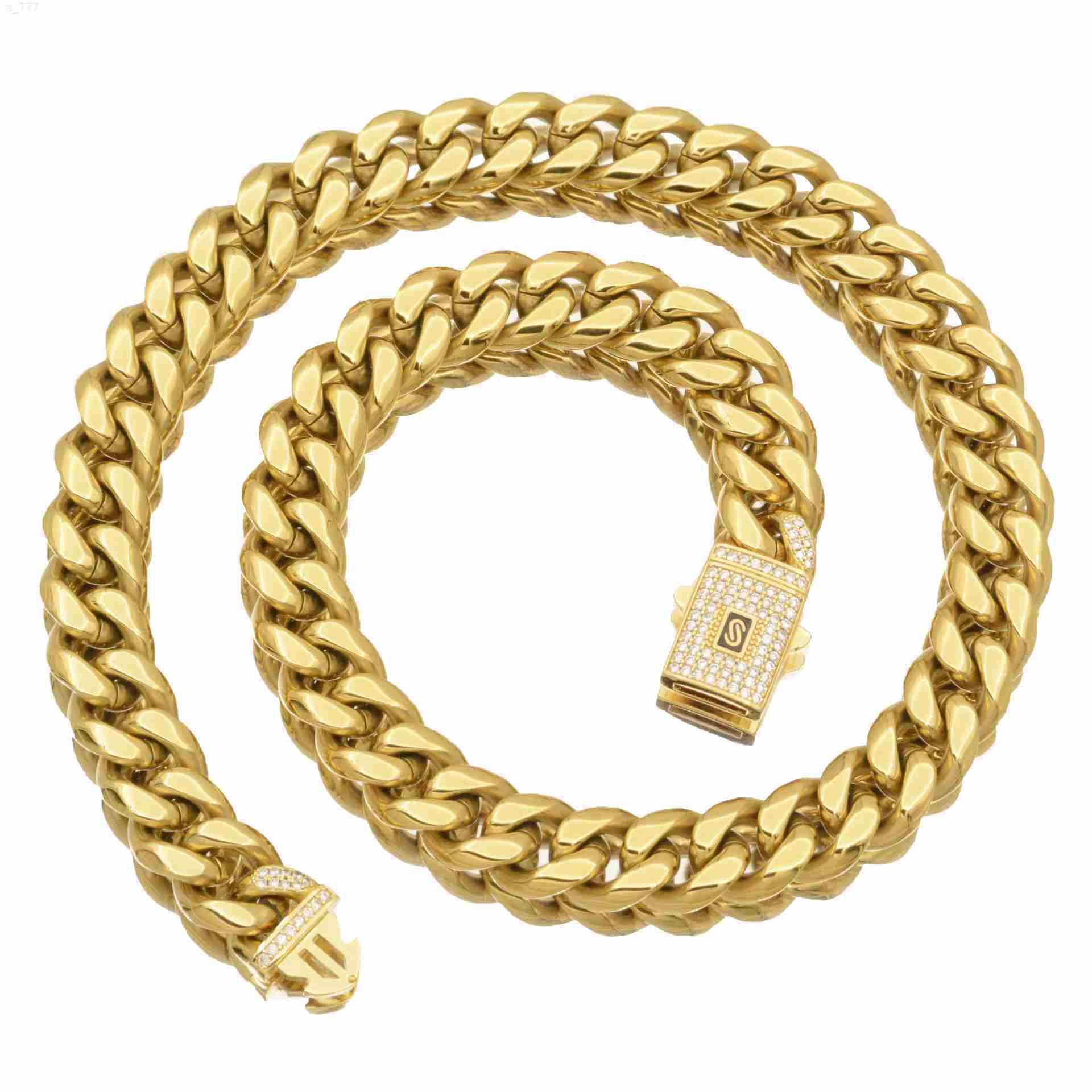 Stocks Fashion 14K Gold Plated Stainless Steel Miami Cuban Link Chain Necklace