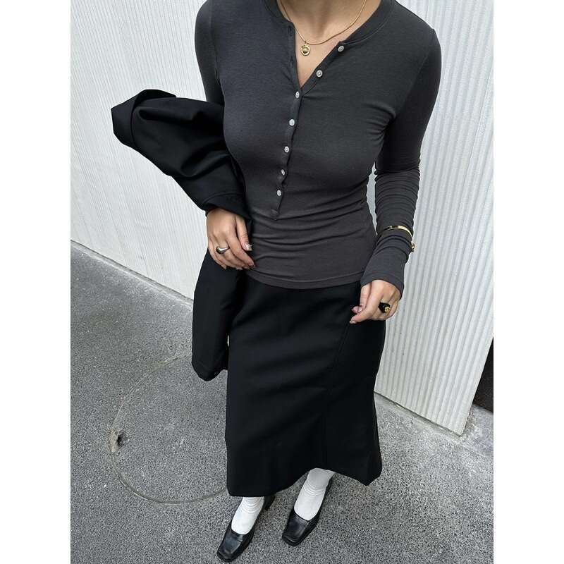 Henley Melard Outfit Cardigan Warm Base Open Collar T-Shirt Long Sleeve Knit Shirt Waist-Cinching Top B5