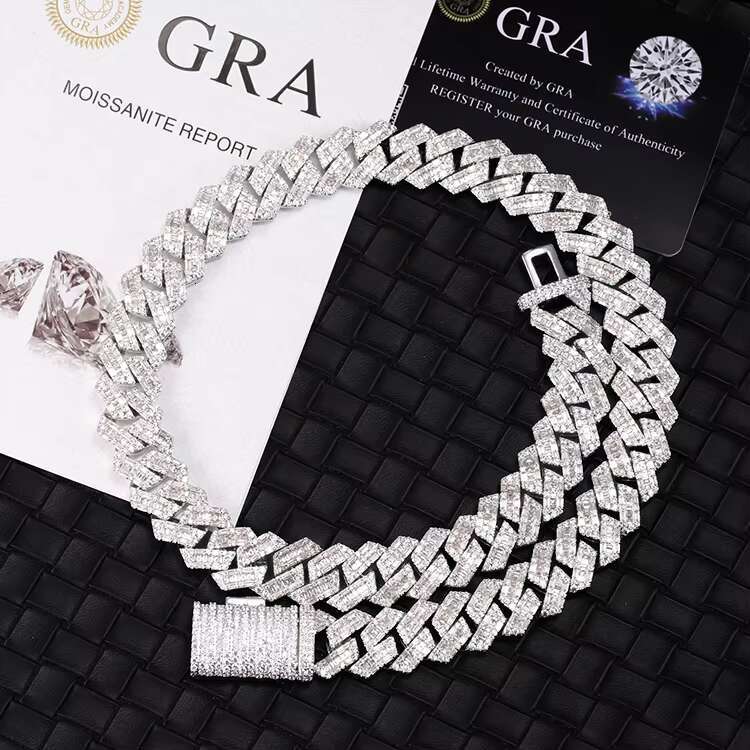 Yu Ying 14mm Baguettes VVS Moissanite Diamond Solid Silver Necklace Cuban Link Chain for Hiphop Jewelry