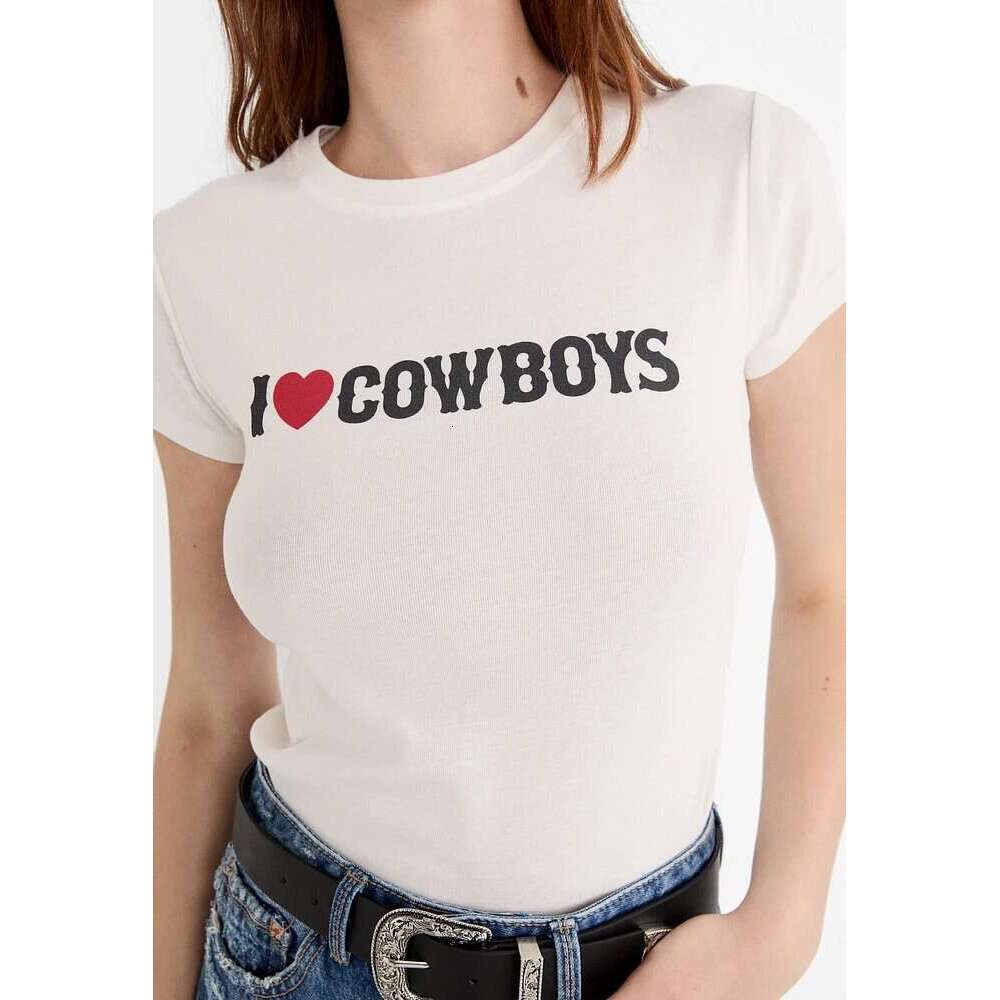 I LOVE Cowboys Print American Y2k Short Sleeve T-Shirt For Women Summer Spicy Girl Regular Shoulder Crop Top Slim Fit B5