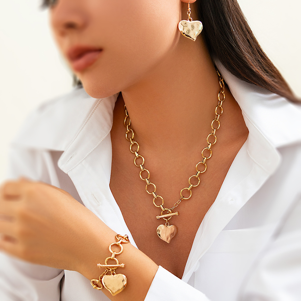 Lava Irregular Heart-Shaped Pendant Niche Wrinkled Round Disc Ring Necklace Jewelry