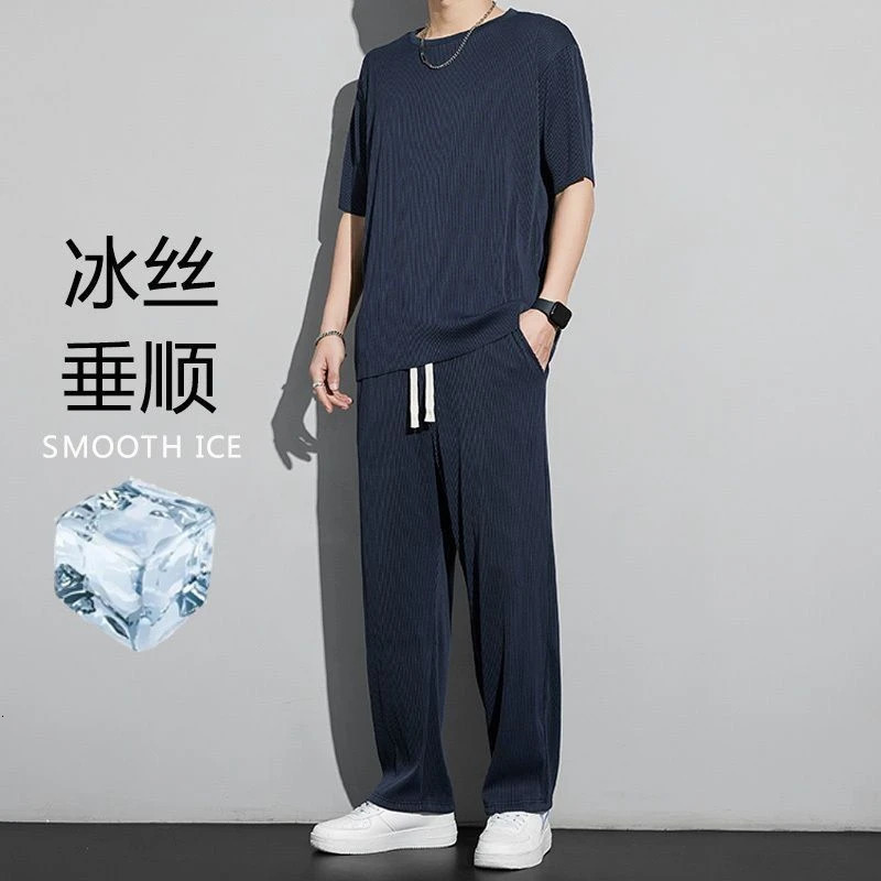Ice Silk Sports Suit Mens Summer Thin Casual Long Trousers Short-sleeved T-shirt Ins Quick-drying Drooping Clothes Set 250617