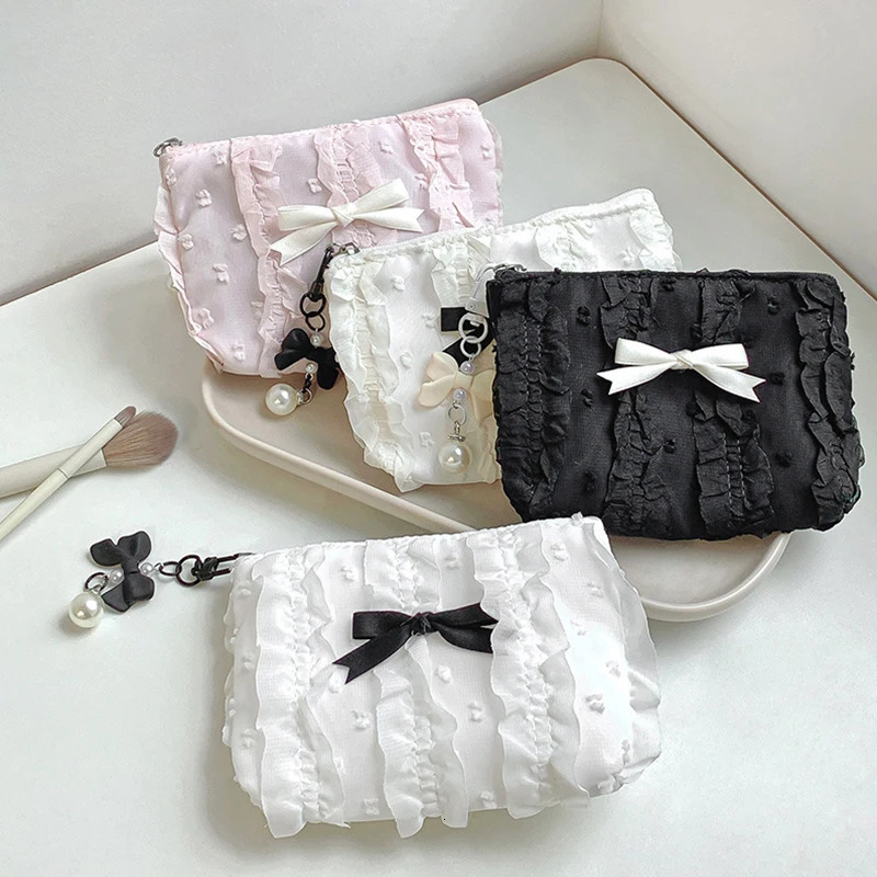 Cute Lace Bow Coin Purse Portable Cosmetic Storage Clutch Bag For Key Makeup Lipstick Pouch Earphone Key Card Storage Zipper Bag R250624