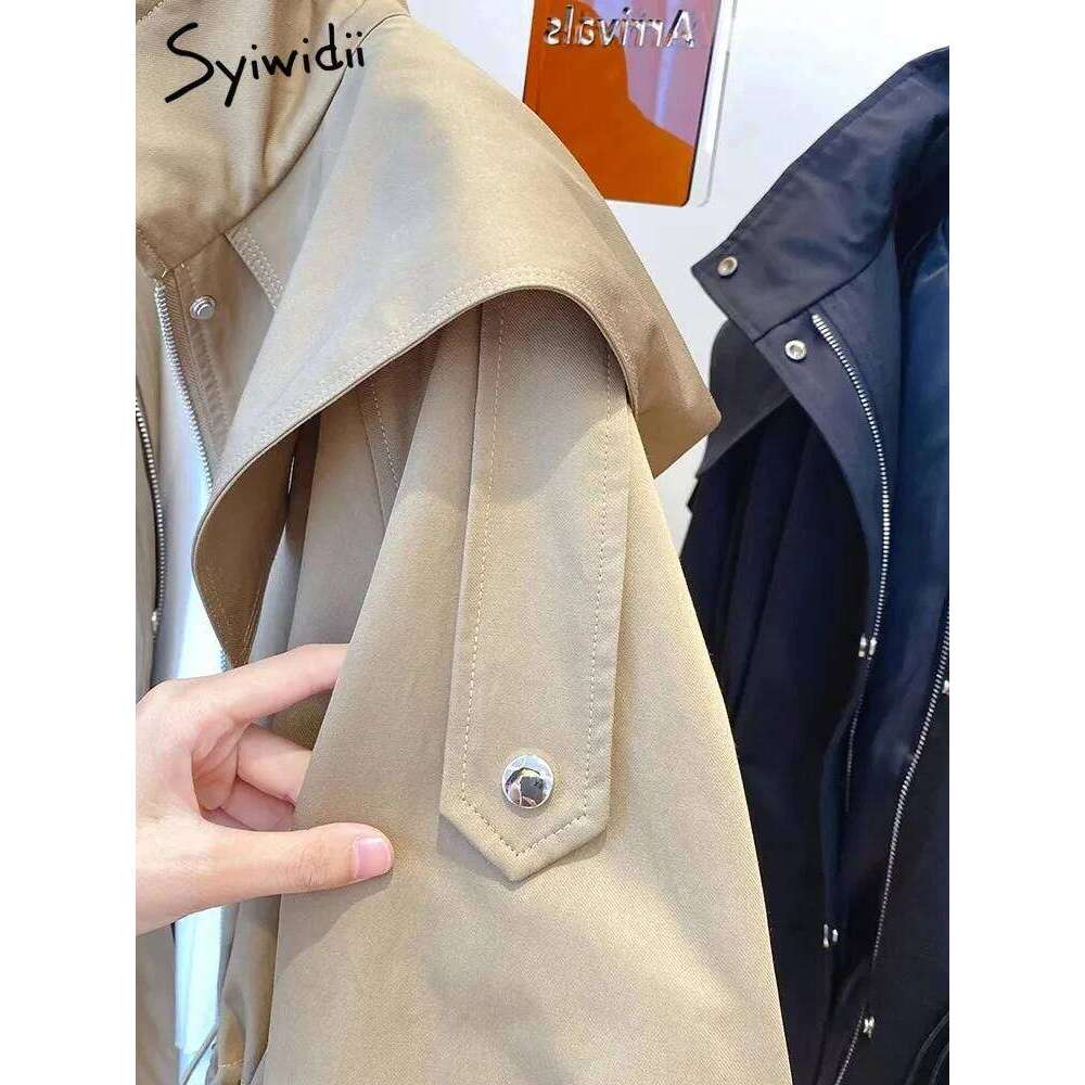 Syiwidii Jackets for Women Pocket Single Breasted Chic Casual Coat New Fashion Long Sleeve Zipper Drawstring Female Jacket