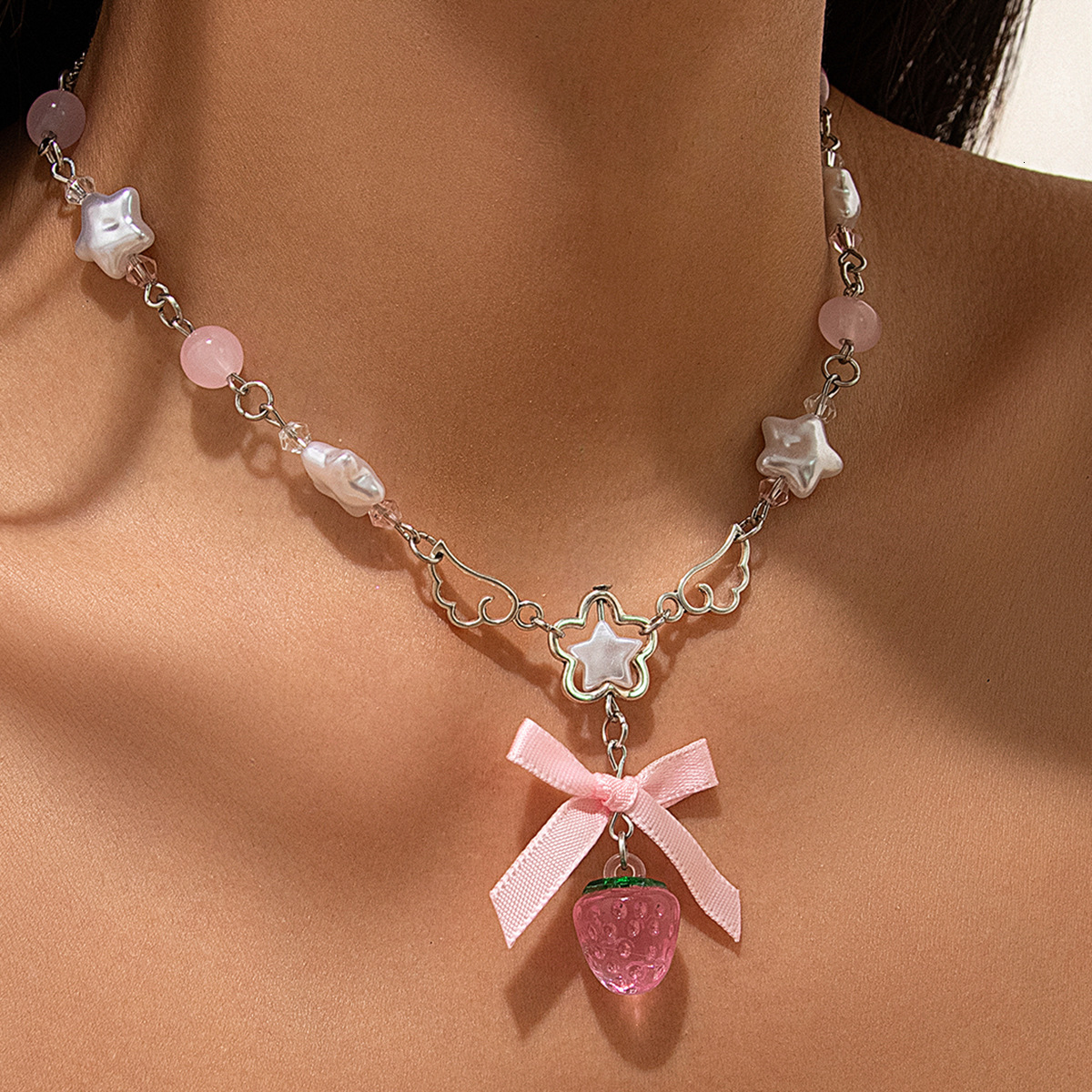 Fresh Pastoral Strawberry Pendant Sweet Flower Pentagram Wings Imitation Pearl Necklace