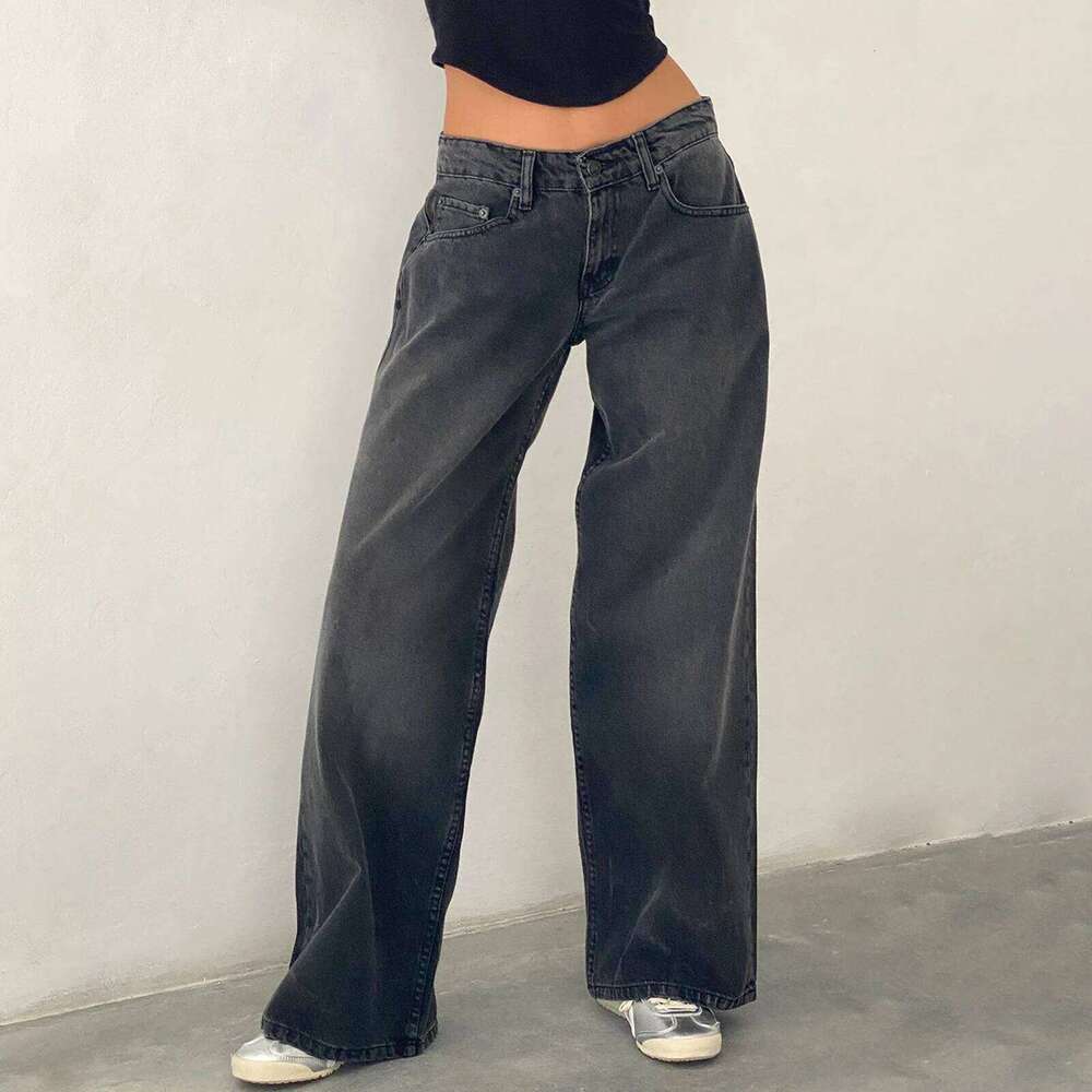 2025Designer Jeans Autumn Winter Solid Color Loose Denim Pants Women Low Waist Wide Leg Trousers With Multi Pockets Streetwear True Relgion Jeans Wome