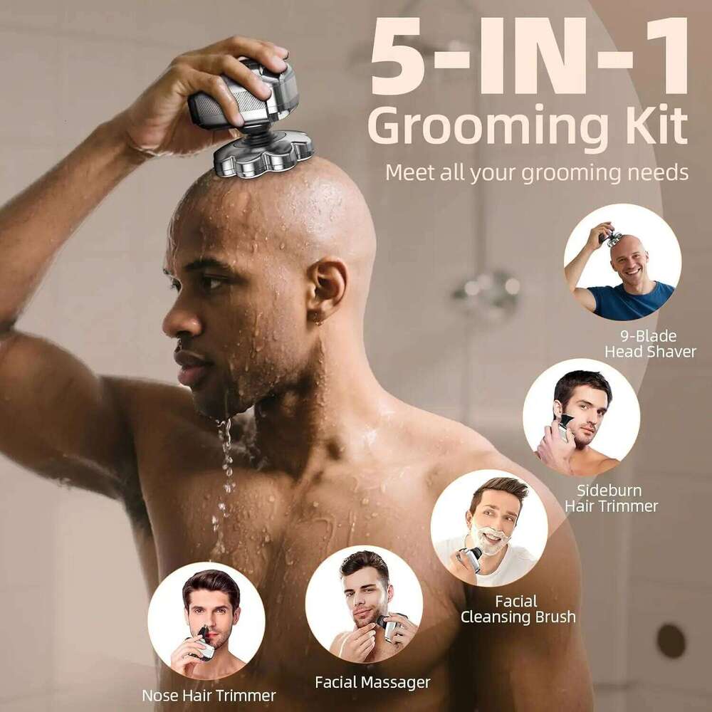 9D Shavers For Bald Men 5 In 1 Detachable Head With LED Display Ipx7 Waterproof Wet Dry Rechargeable Electric Shaver