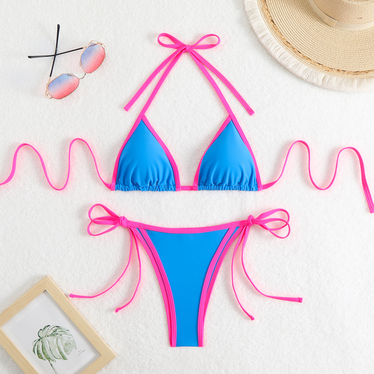 Women's Swimwear Solid color women's split sexy triangle color bikini European and American lace up beach hot spring swimsuit