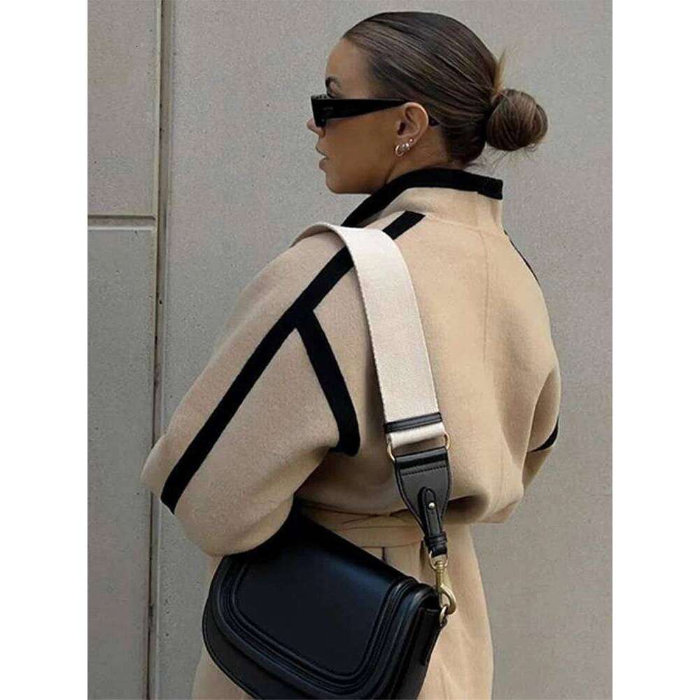 New Spliced Contrast Woolen Coat Women Long Sleeve Thicken Jacket with Belt Pockets 2025 Spring Casual Ladies Commuter Outwear