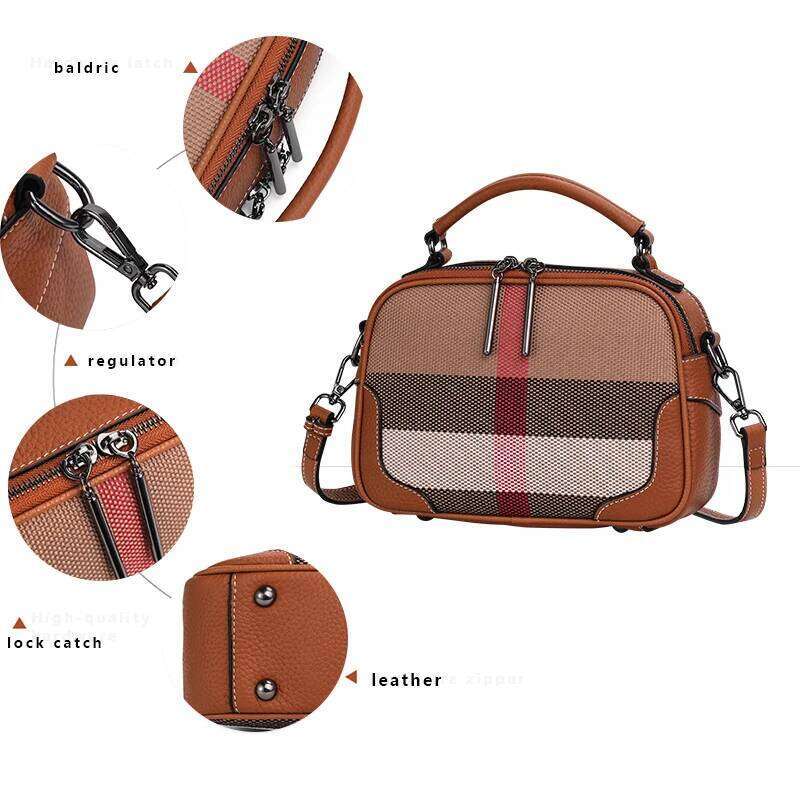 Classic Plaid Women's One Shoulder Crossbody Is A Mini Square Bag Made Of High-Quality Canvas And Cowhide