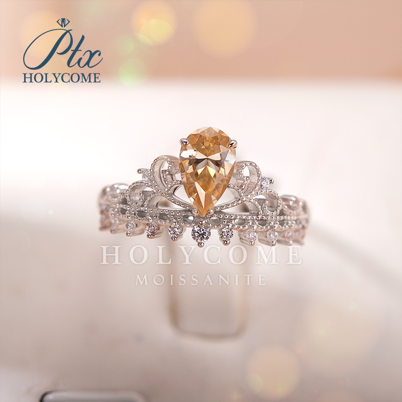 S925 Sterling Silver Women's Ring Elegant Ins Style Simple Champagne Pear Moissanite Diamond Hot Selling Fashion Jewelry Gemstone Ring