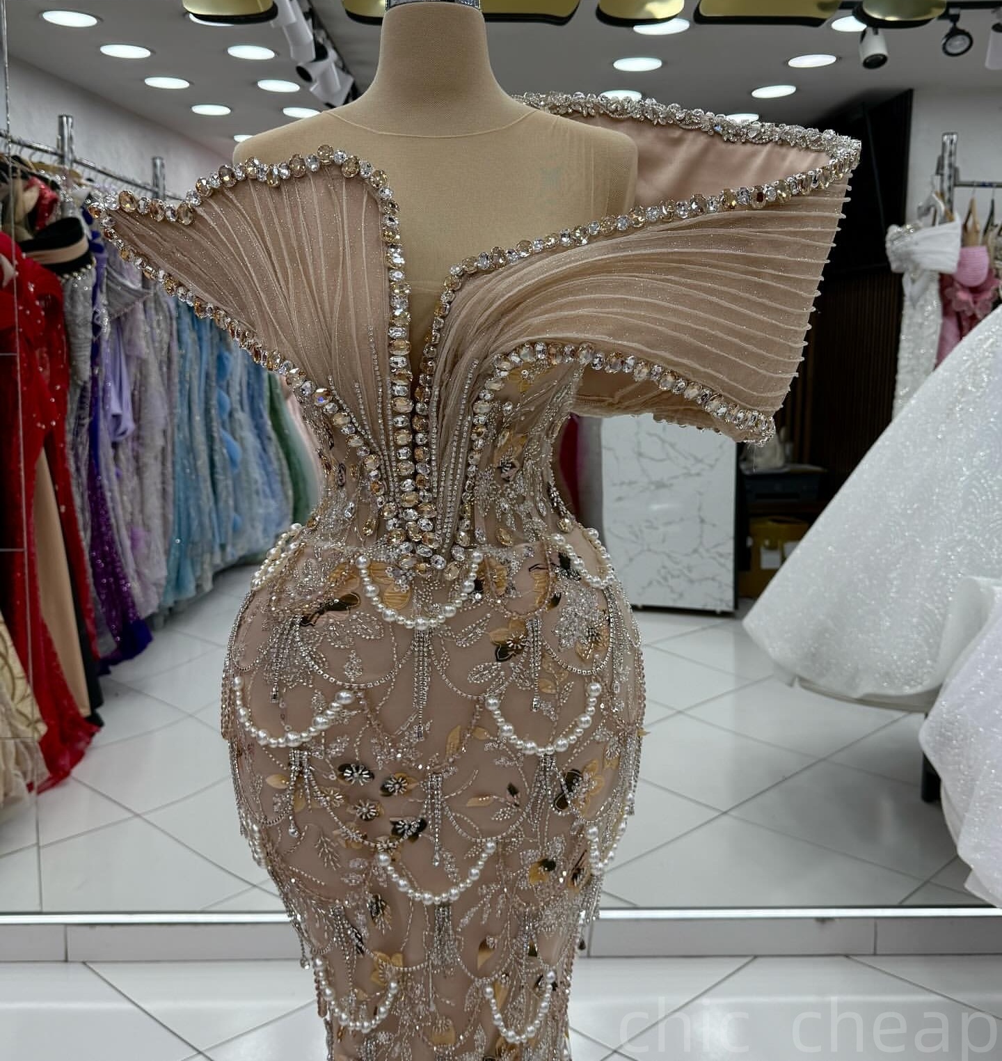 Champagne Mermaid Prom Dresses 2025 Pearls Rhinestones Floral Lace Evening Formal Party Second Birthday Engagement Gowns Plus Size Dress For Special O