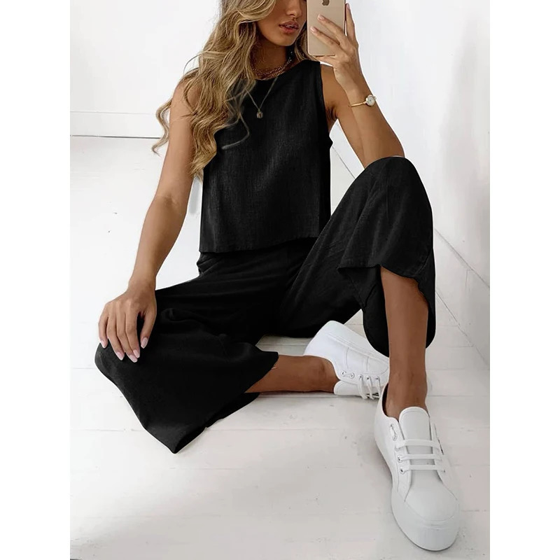 Casual Womens Clothing Suit O Neck Two Pieces Set Loose Sleeveless Solid Color Wide Leg Simple Comfortable for Famale Outdoor 250614