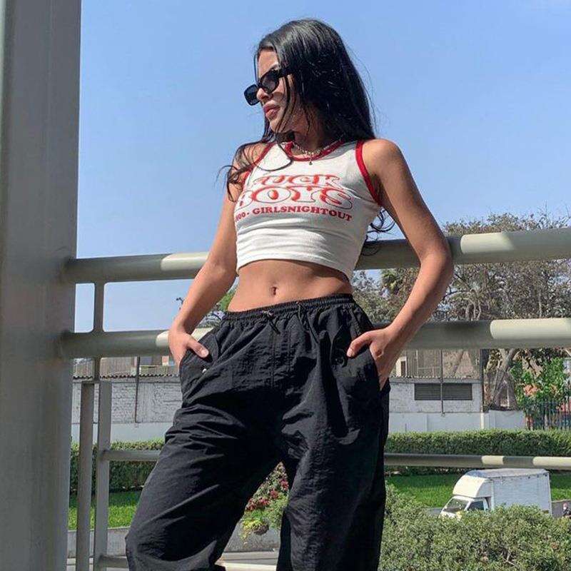 Knitted Color-Block Letter Print Short Tank American Style Summer Versatile Top For Women B5