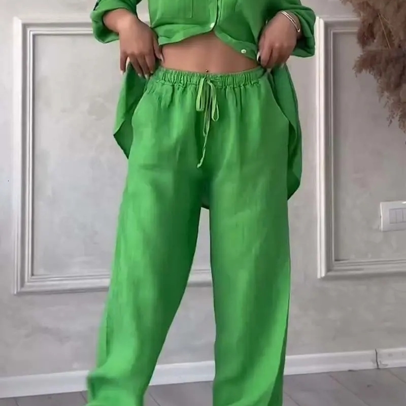 Women Plus Size Two Pieces Set Drawstring Straight Elastic Waist and Long Sleeve Button Shirt Top Matching Set Linen Cotton Set y250609