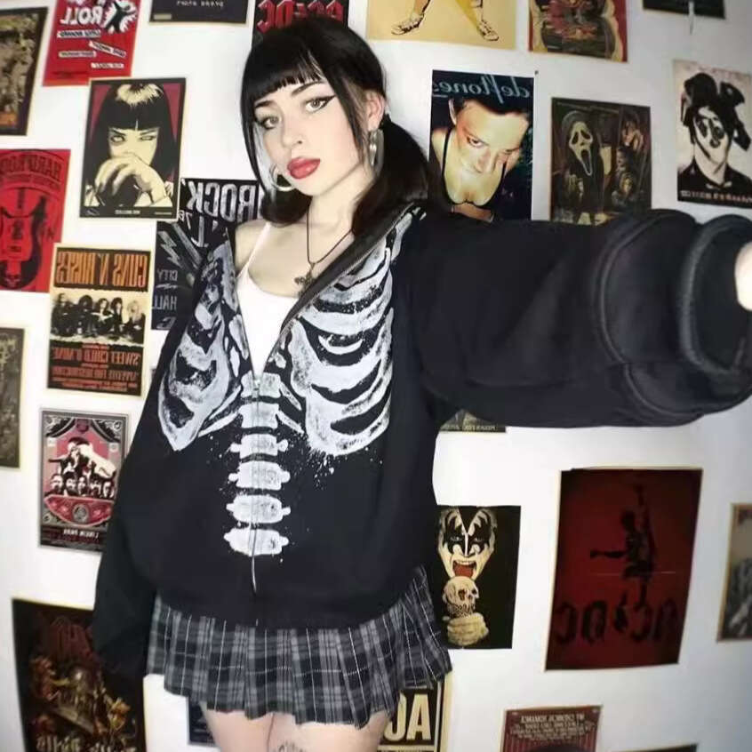 Street Style Skeleton Long Sleeve Women's Autumn Trendy Round Neck Cardigan Printed Loose Sweatshirt B5