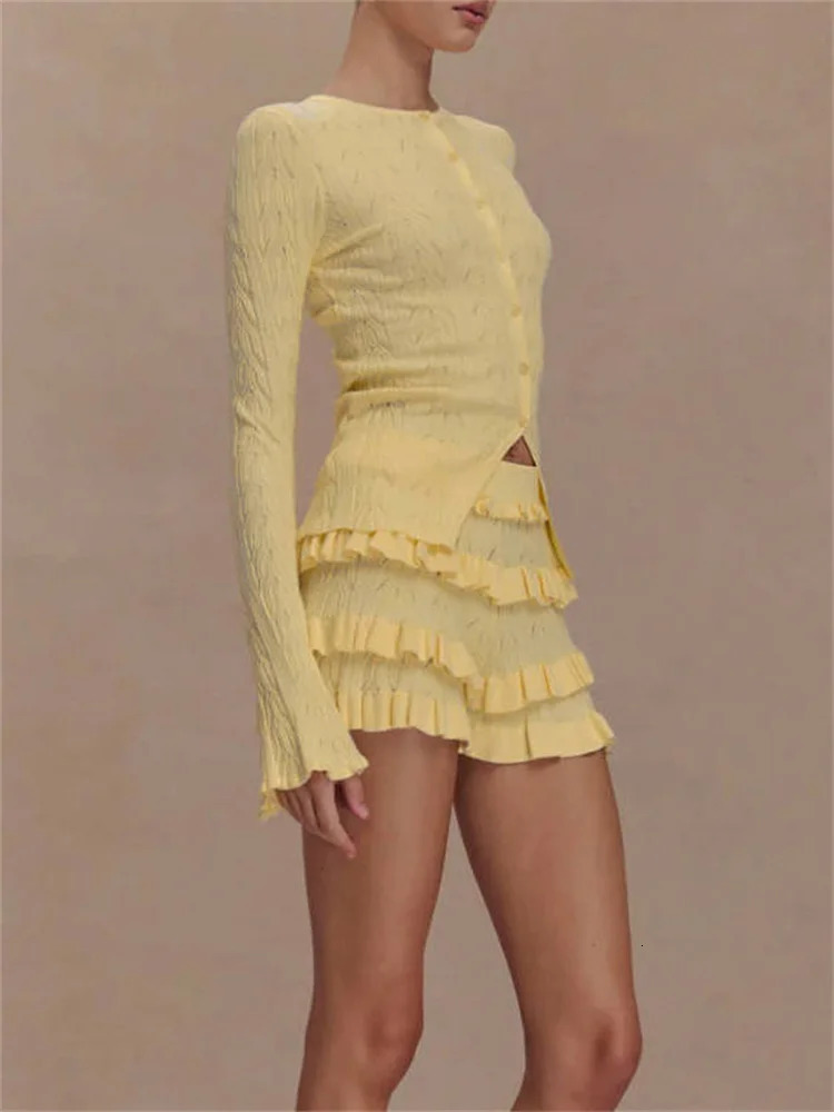 Tossy Summer Knit Ruffled 2 PieceSet Shorts Female Patchwork Slim Casual Long Sleeve Sweater Cardigan And Womens Sets 250618